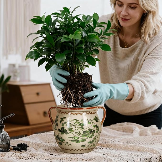 BUYMAX Ceramic Plant Pots for Indoor Plants with Drainage Hole, Vintage Crackle Glaze Hand-Painted Green Flower Planter with Handles, Rustic Decorative Hanging Planter