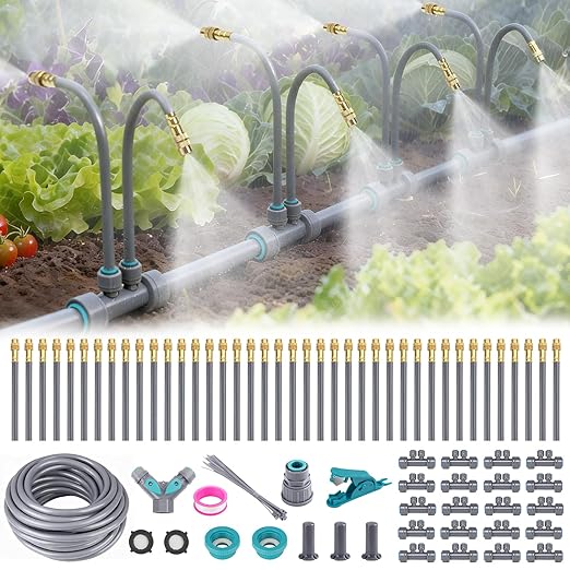 66 FT Drip Irrigation System - Double-Head 360° Adjustable Garden Watering System with 40 Spray Nozzles, Garden Atomizing Misting System & Irrigation System for Garden, Greenhouse, Yard, Lawn, Plants