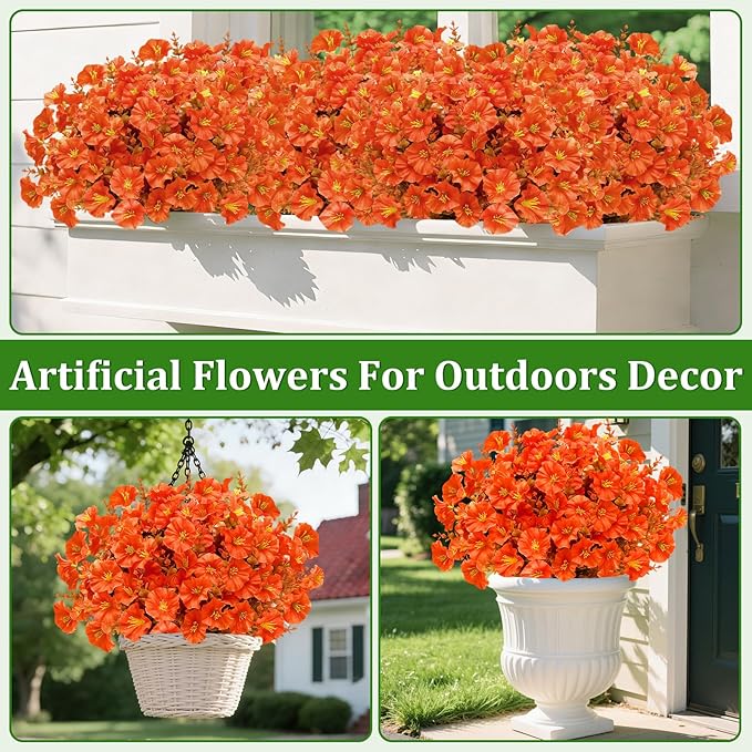 12 Bundles Artificial Fall Flowers for Outdoors, UV Resistant No Fade Fake Mums Flowers Silk Morning Glory with Orange Brown Eucalyptus Faux Flowers Plants for Home Garden Patio Porch Yard Porch Decor