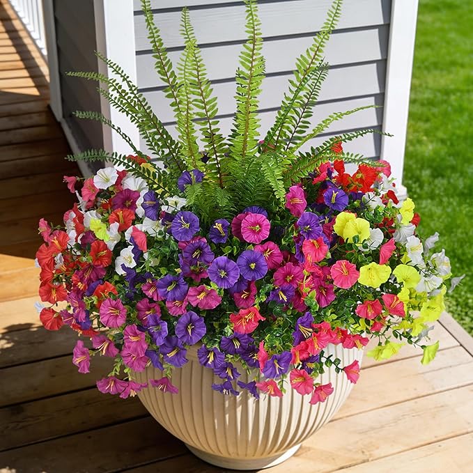 Hrobek Artificial Flowers for Outdoors Faux Plants Outside Indoor,UV Resistant Silk Fake Morning Glory Tall Ferns for Home Patio Garden Yard Front Porch Decor (13 Bunches,7 Multi Colors)