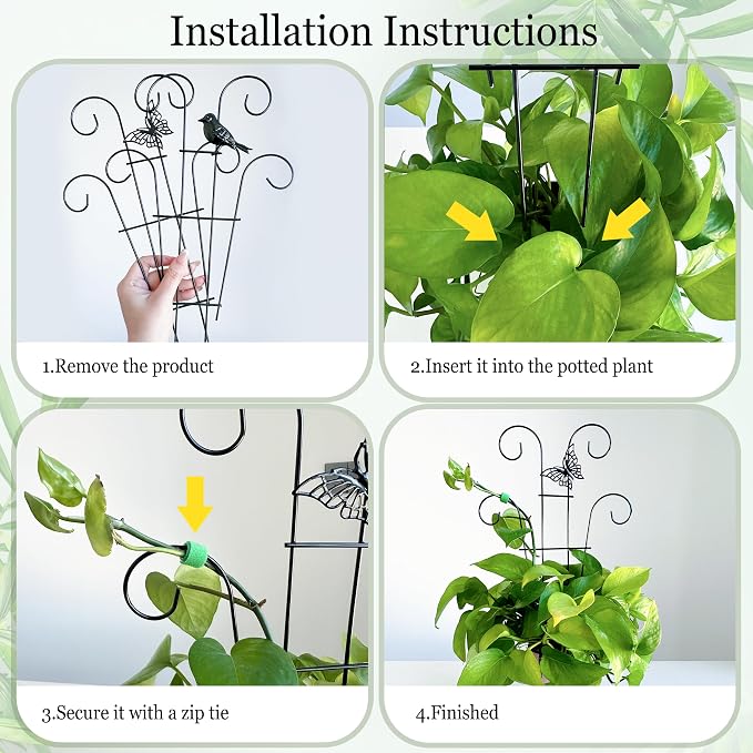 4 Pcs Metal Trellis for Potted Plants Indoor, 14.6 inch Small Garden Trellis with Bird for Climbing Plants Outdoor, Stackable Pothos Plant Climber Support for Hoya Vine Ivy Flower Plant Support