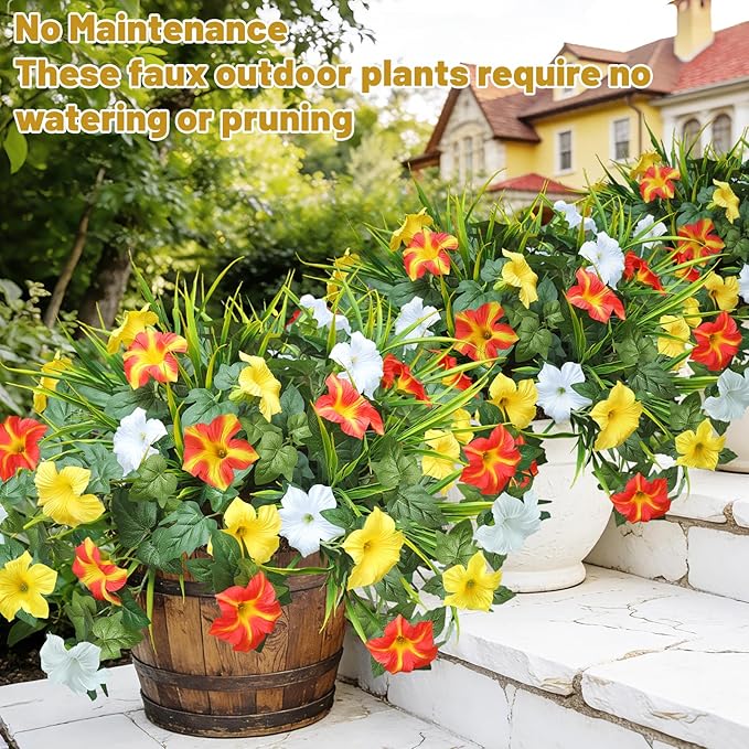 Artificial Flowers Plants for Outdoors, 6PCS UV Resistant Faux Flowers Outdoor Plants, Fake Petunias Silk Flowers for Garden Balcony Yard Porch Decor (Yellow Orange White)
