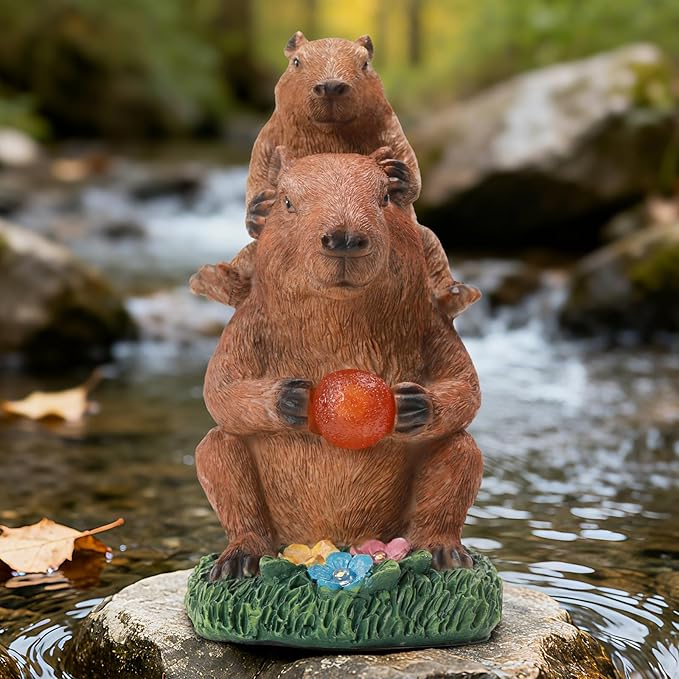 Capybara Solar Garden Statue, Outdoor Capybara Statue with Ball Light, Funny Double Capybara Decor for Women Mom, Capybara Figurine for Yard Garden Patio Lawn Ornaments