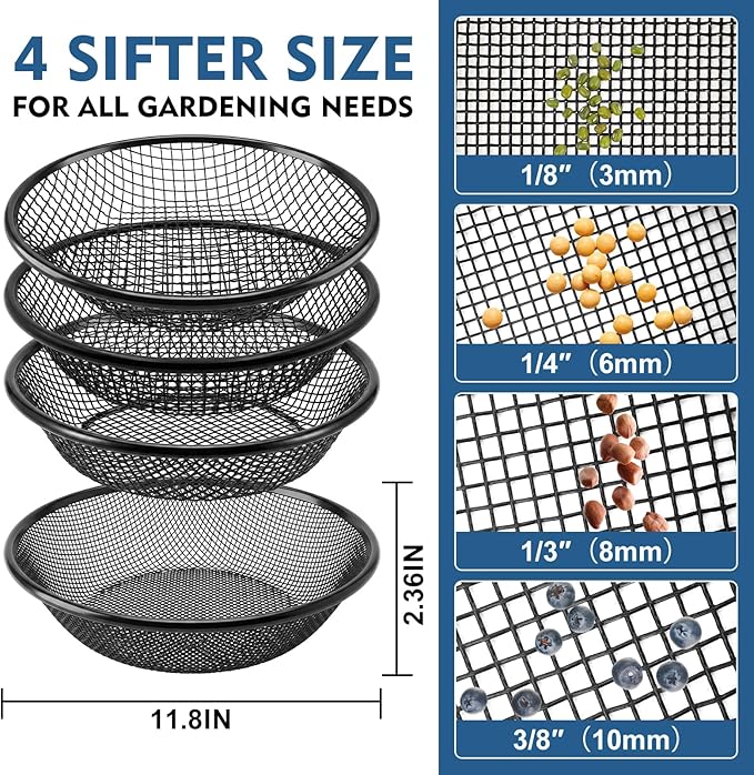 3PCS Soil Sifter for Gardening, 11.8" W Rock Sifter for 5 Gallon Bucket, 3mm/6mm/8mm Mesh Galvanized Steel Sifting Screen Dirt Sifter for Compost, Worm, Leaves, Sawdust, Rocks, Sand and Gravel