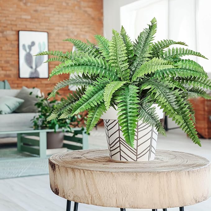 Fake Ferns Potted Plant, Artificial Boston Ferns in Pot, 34 Leaves for Outdoors & Indoor Faux Boston Bush Plant Artificial Greenery Patio Garden Farmhouse Windowsill Porch Home Decor