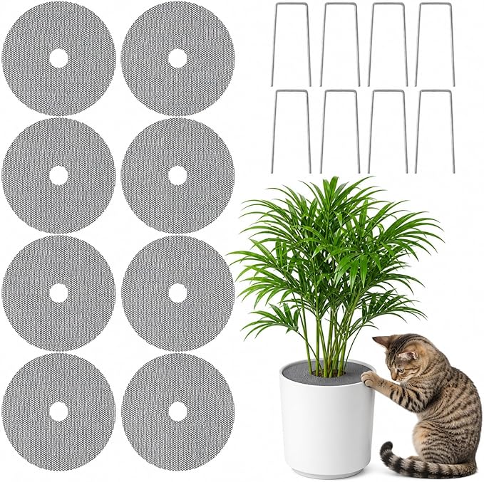 Plant Guards From Cats 8 Pack 11.8 Inch Cuttable Plant Pot Grids with 8 U Pins, Soil Covers to Stop Cat Digging, Keep Indoor Pots Clean, Round Planter Protectors for Homes with Kids and Pets