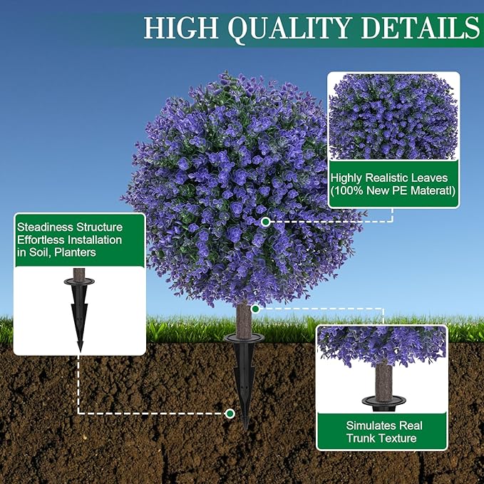 AOKIIE Set of 2 Artificial Purple Boxwood Topiary Ball Tree for Outdoor with Ground Spike, 22" UV Resistant Faux Greenery Shrubs, Fake Plants for Garden Yard Porch Patio(Purple)