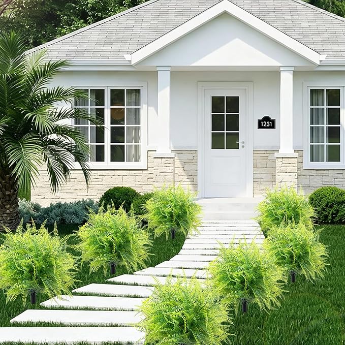 2 Pack 23.6" Artificial Fern Topiary Ball Trees with Ground Spike, Outdoor UV Resistant Fake Evergreen Trees Shrubs Bushes Artificial Plants Faux Bosten Fern Plants for Porch, Garden, Front Door