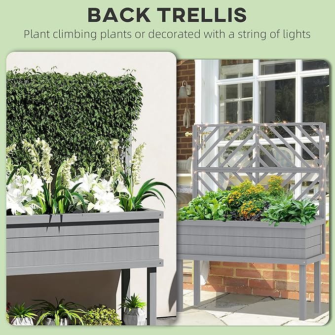 Outsunny Raised Garden Bed with Trellis for Climbing Plants, Vegetable, Grape Vines, Elevated Planter Box with Legs, Drainage Holes and Filter for Outdoor Garden, Patio, Gray