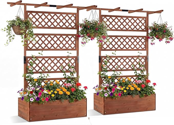 COSTWAY Wooden Raised Garden Planter with Trellis and Roof, 72" Freestanding Privacy Screen & Climbing Plant Support for Outdoor Patio, Balcony, Vegetable, Herb, and Flower Gardening (Brown,2)