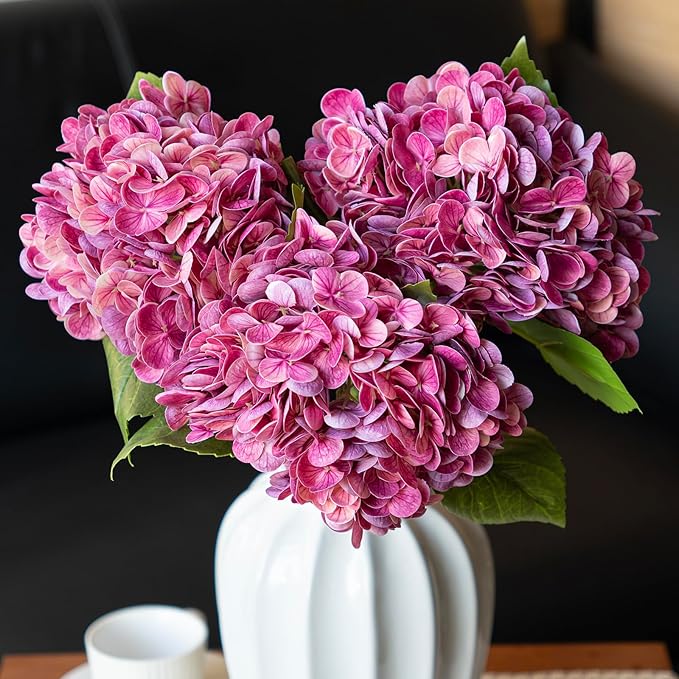 DUYONE 3PCS 22 inch Realistic Artificial Hydrangea Large Flowers Artificial Flowers Dry Flowers Outdoor Wedding Christmas Office Family Party Living Room Table Decoration (Rose Red)