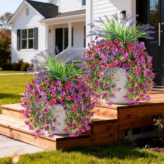 Artificial Fake Hanging Flowers Plants for Outdoor Outside Decoration, Faux Silk Daisy Flower Realistic UV Resistant for Front Porch Patio Balcony Garden Yard Indoor Planter Home Decor(Purple Pink)
