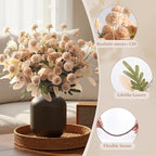 Alupssuc 32PCS Faux Silk Pompon Mums Artificial Flowers with Eucalyptus, Fake Chrysanthemum Floral for DIY Vase Arrangement, Long Stem Dining Table Centerpiece Home Decor, Beige