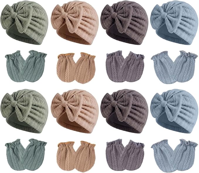 Newborn Baby Girl Hats Mittens Set Cotton Hospital Bow Hat Beanies Caps Gloves for New Born Girls 0-6 Months