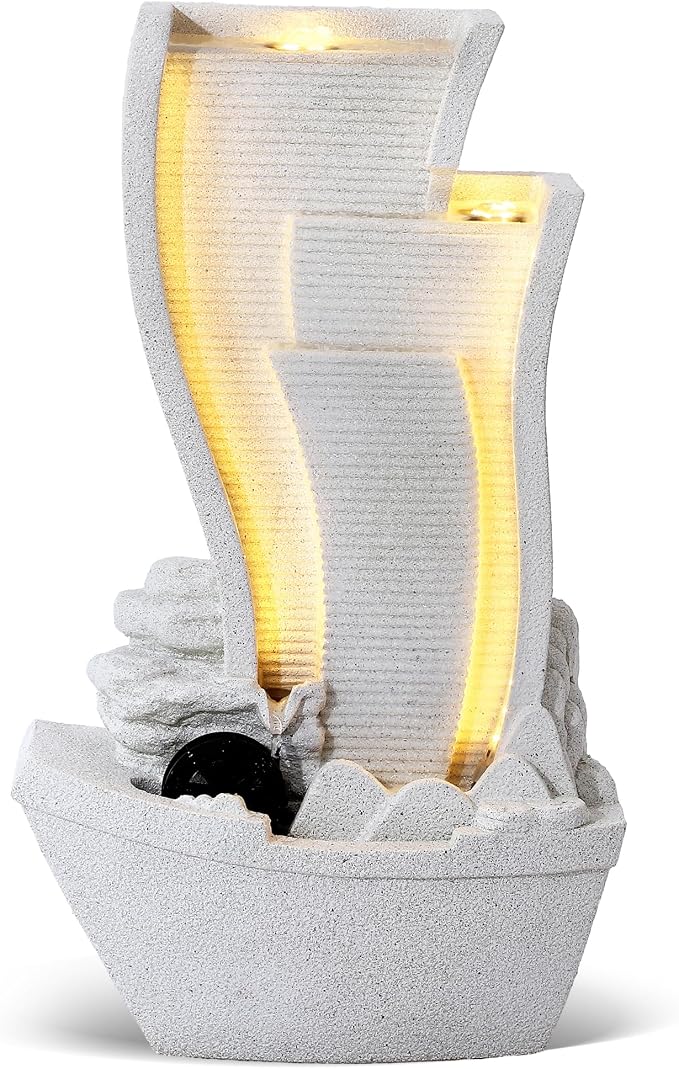 Grepatio Outdoor Cascading Water Fountain, Waterfall Fountain with LED Lights, Sailboat and Waterwheel Look Fountains and Waterfalls for Garden or Patio, Yard, and Deck Decor