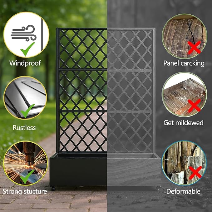 IDEALHOUSE Metal Planter Box with Trellis, 72"x47"x15.7" Galvanized Raised Garden Bed on Wheels with Drainage Holes, Outdoor Planter for Climbing Plants Vines & Privacy Screen, Diamond Lattice