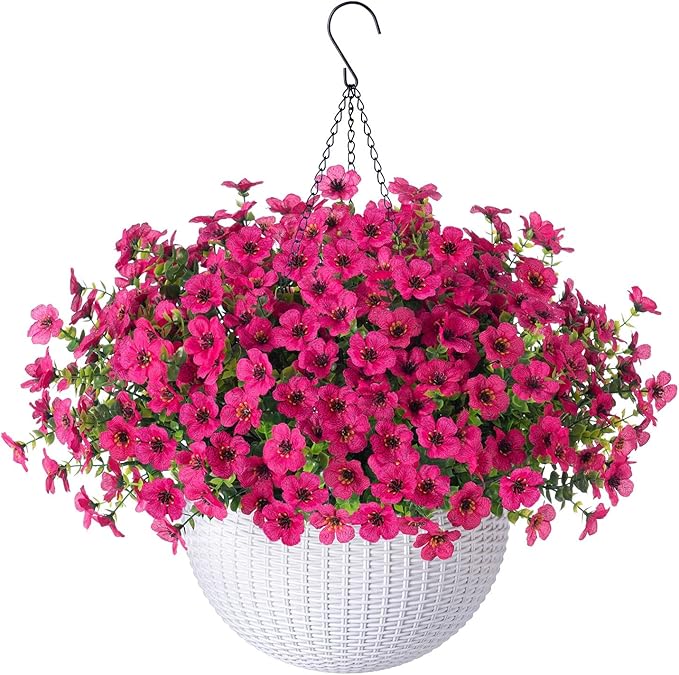 HyeFlora Artificial Faux Hanging Flowers Plants Basket for Outdoor Outside Porch Spring Decoration, Fake Silk Hotpink Daisy UV Resistant Look Real in Planter for Home Patio Balcony Garden