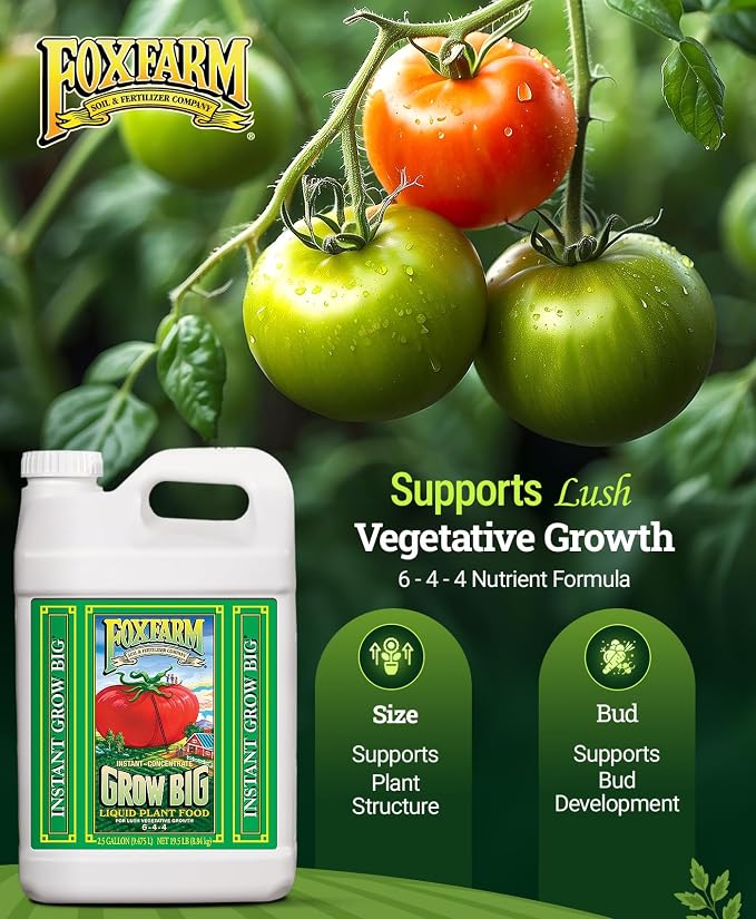 FoxFarm Grow Big Liquid Plant Food - 6-4-4 House Plant Fertilizer for Lush Vegetative Growth, Fast Nutrient Uptake for Roses, Tomatoes & Veggies - 2.5 Gallon Size Concentrate