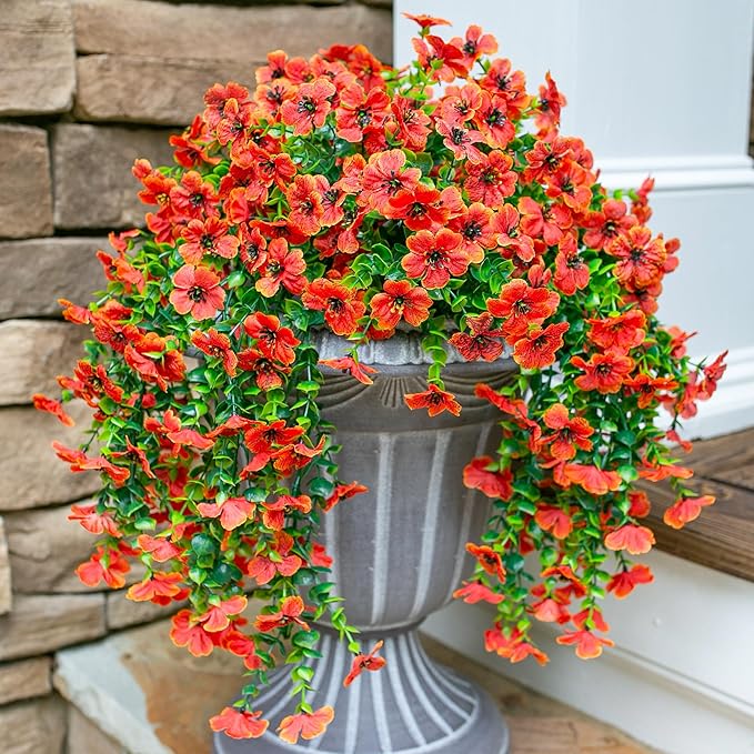 HyeFlora Artificial Fall Flowers for Outdoors Fake Hanging Decoration, 2Pcs Orange Daisy with Autumn Leaves, Realistic Plants Decor, UV & Fading Resistant Silk Flower for Porch Patio Balcony