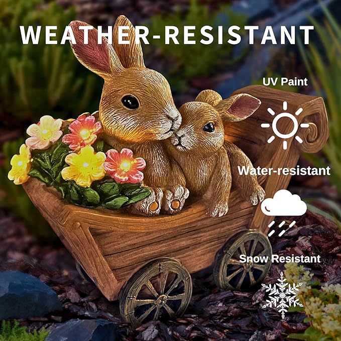 PRETMANNS Solar Garden Outdoor Statue Bunny Decor with Lights - Rabbit Lawn Ornament for Outside Yard Patio - Animal Figurines Gift for Mom Grandma - Waterproof Resin Garden Statues Outdoor – Large