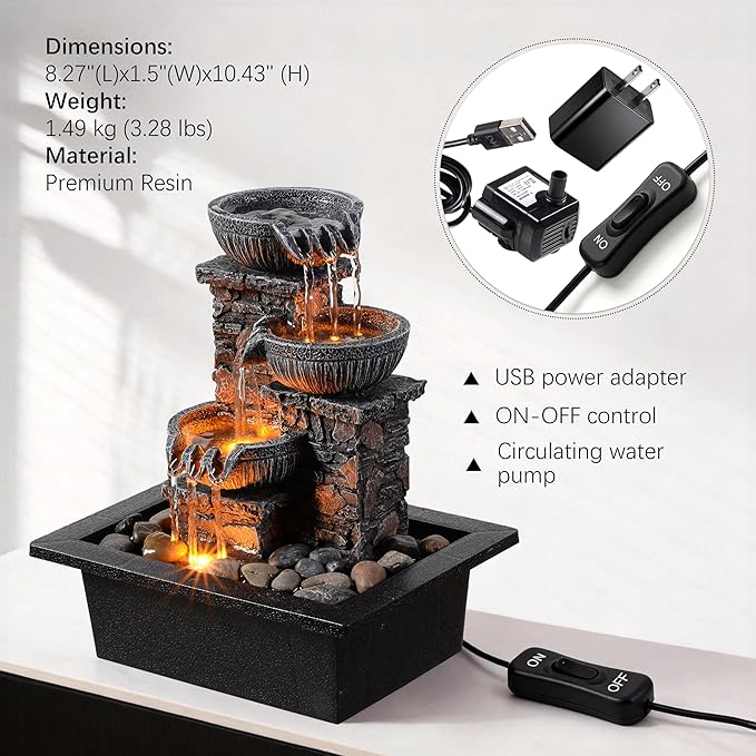 Kalona Tabletop Waterfall Fountain 3 Bowls with LED Light, Soothing Water Flow Sound, Zen Meditation Decor for Home and Office, Relaxation Water Fountains Indoor (23113)