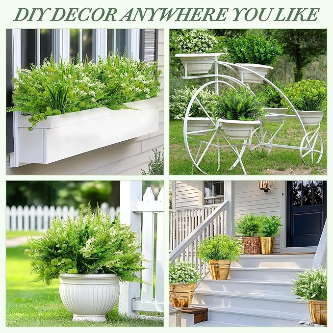 24 Bundles 6 Styles Artificial Plants Flowers for Outdoors Spring Summer Decor, UV Resistant No Fade Faux Plants Plastic Greenery Shrubs, Fake Fern Lavender Boxwood for Gardens Porch Yards Home Decor