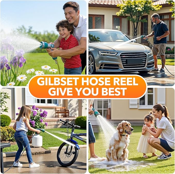 1/2" x 130 ft Retractable Garden Hose Reel, Heavy Duty Water Hose Reel Wall Mounted, Any Length Lock, 180°Swivel, Water Hose with 10-Function Nozzle for Cleaning, Watering (Green)