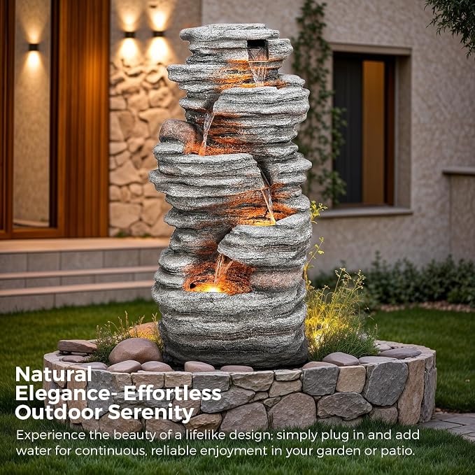 Jocoevol 40" Outdoor Water Fountain with LED Lights - 5-Tier Cascading Rock Waterfall Fountain, Natural Rock Look, Ideal for Garden, Landscaping, Patio, Balconies and Yard Decor