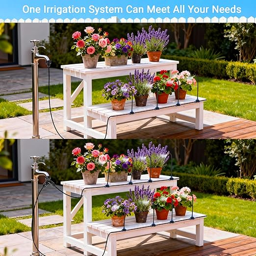 Thiswing 100FT 360° Adjustable Drip Irrigation Kit – 1/4" Tubing with 18 Nozzles, Full-Circle Spray for Greenhouse, Vegetable Garden & Potted Plants, Water-Saving DIY Irrigation System