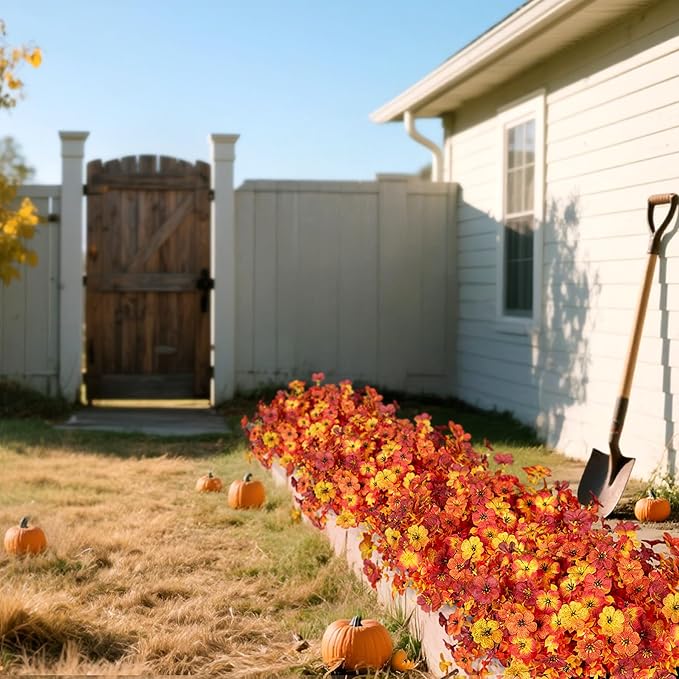 INXUGAO Artificial Fake Mums Fall Flowers for Outdoor Outside Decoration 12 Bundles Faux Silk Flowers Plants Realistic Daisy UV Resistant Fall Décor Autumn Front Door Porch Patio Yard Decoration
