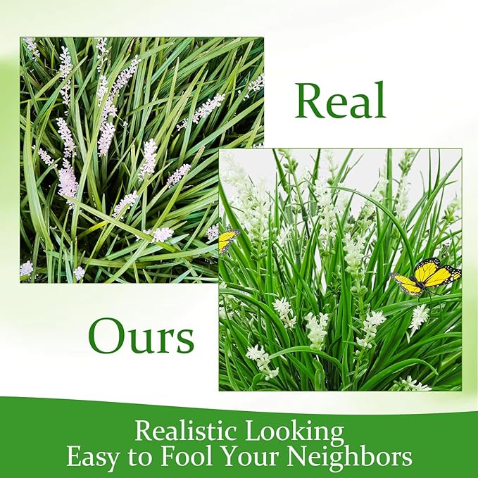 16 Bundles Artificial Outdoor Plants and 2 Pcs Butterfly Stakes Fake Monkey Grass with Flowers UV Resistant Faux Plant Greenery for Outside Planter Porch Patio Garden Window (White)