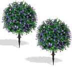 Artificial Purple Flower Boxwood Topiary Ball Trees,2 Set of 16'' UV Resistant Fake Evergreen Shrubs Bushes Plants with Ground Spike, Fake Plants for Outdoor Indoor Front Porch Garden