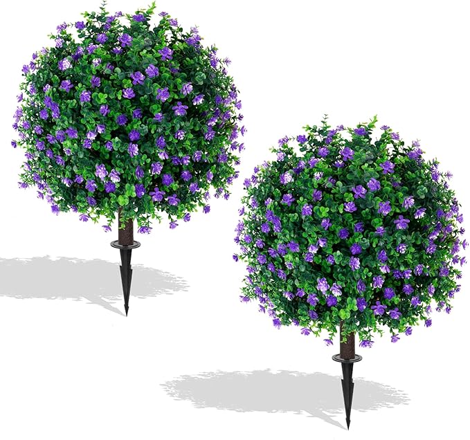 Artificial Purple Flower Boxwood Topiary Ball Trees,2 Set of 16'' UV Resistant Fake Evergreen Shrubs Bushes Plants with Ground Spike, Fake Plants for Outdoor Indoor Front Porch Garden