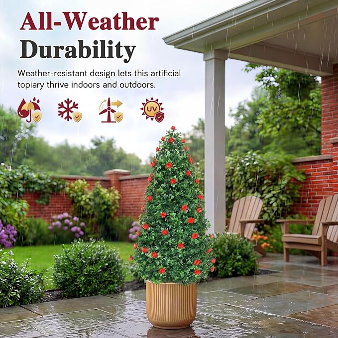 PATIO CHOICE 3ft Artificial Topiary Trees with Rose Set of 2 Outdoor Faux Plants Realistic Faux Bushes and Shrubs Decorations for Outdoor Front Porch Garden (Rose, 36in)