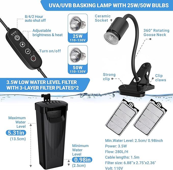 GOZILLA Turtle Tank Kit(Tank+Lamp+Filter), Upgrade PC Turtle Tank Starter Kit with Adjustable Lamp & Filter, Reptile Hideout Habitat with Lid for Small Reptiles.(15.75 × 7.9 × 9''/Black Kit)