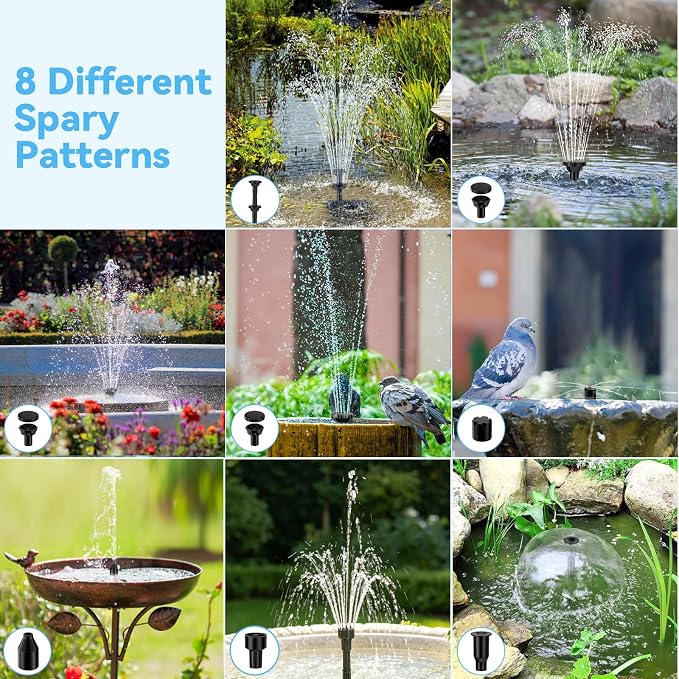 POPOSOAP Solar Pond Filter with Fountain Pump Built-in Battery Backup | 8W Solar Pond Pump with 8 Nozzles & 5Ft PVC Tubing, Dry-Run Protection for Outdoor Ponds Bird Baths DIY Water Feature