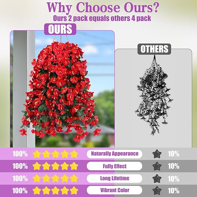 Sggvecsy Artificial Fake Hanging Flowers Plants for Outdoor Outside Spring Summer Decoration 4PCS Faux Silk UV Resistant Realistic Morning Glory Trailing Vines for Home Porch Patio Balcony(Red)