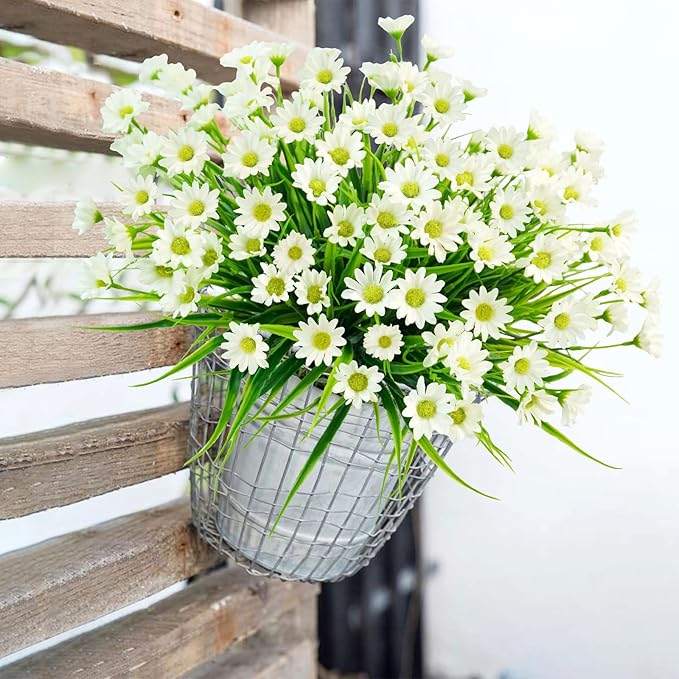 obbsie 12 Bundles Artificial Daisies Flowers Outdoor UV Resistant Fake Silk Daisy Mums Flowers No Fade Faux Greenery Plants for Home Wedding Garden Window Box Outdoor Planters Spring Decor - White