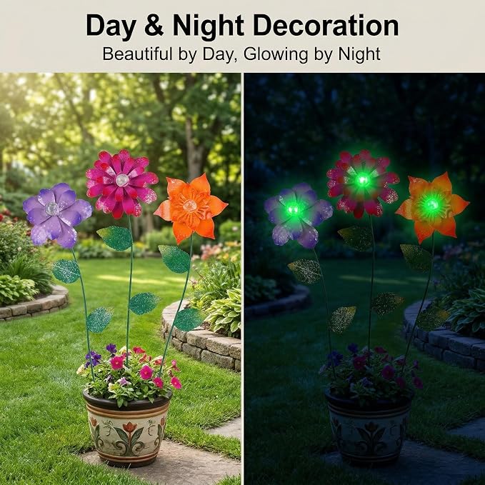 Topadorn Floral Garden Stake Glow in Dark Plant Pick Water Proof Metal Flower Stick for Outdoor Garden Decor, Set of 3