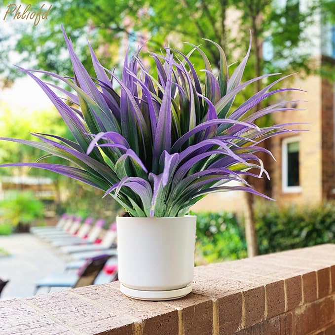 32 Pcs Artificial Grass Fake Plants 17.3in Outdoor Plants UV Resistant Faux Greenery Stems Fake Grass for Home Window Garden Office Patio Pathway Front Porch Halloween Décor Green & Purple