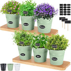 LemonRoad 6 Pcs Indoor Herb Planter Window Herb Pots for Kitchen with Drainage Hole and Bamboo Tray Farmhouse Metal Garden Planter Pot with DIY Label Mom Plant Gift(Sage Green,Round)