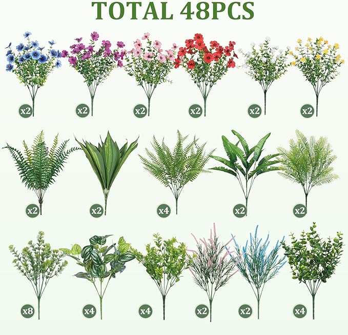 Alupssuc 48Pcs Artificial Flowers and Plants,UV Resistant & No Fade Fake Plastic Greenery Shrubs for Home Garden, Pathway, Front Porch-Spring Summer Decor, Indoor/Outdoor Use, Red Purple Pink Blue