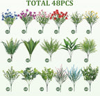 Alupssuc 48Pcs Artificial Flowers and Plants,UV Resistant & No Fade Fake Plastic Greenery Shrubs for Home Garden, Pathway, Front Porch-Spring Summer Decor, Indoor/Outdoor Use, Red Purple Pink Blue