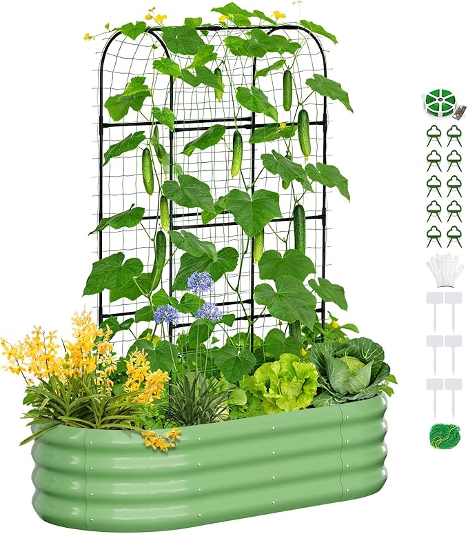 SUNYRISY Galvanized Raised Garden Bed with 71in Arch Trellis for Climbing Plants, Outdoor Planter Box with Climbing Net for Gardening Flowers Vegetables Fruits Herbs, Green