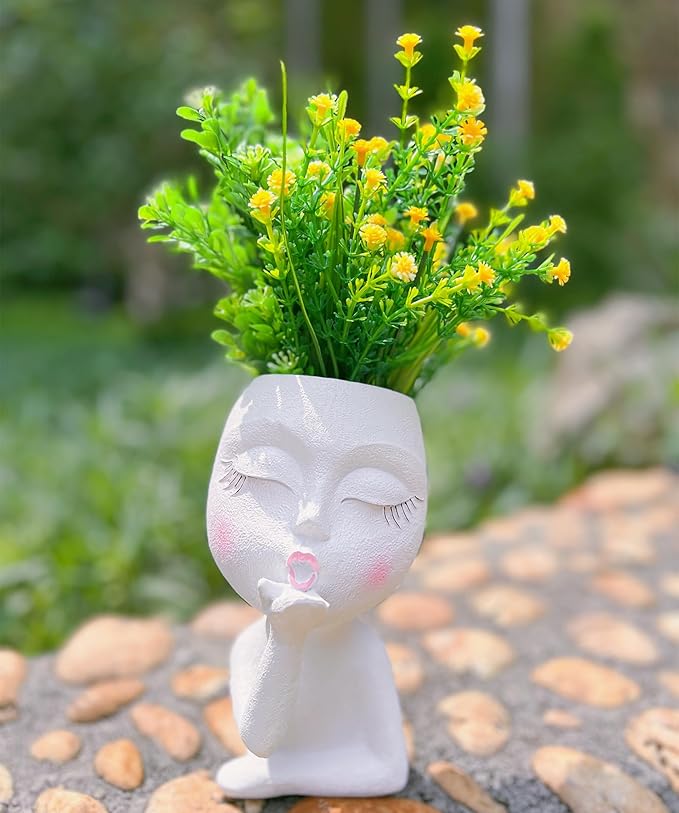 Handmade Face Flower Pots Standing Air Kiss Head Planter Pot for Trailing Plants Cute Succulent Planter Resin Planters Funny Face Planters with Anti-Friction Pads White 1Pack