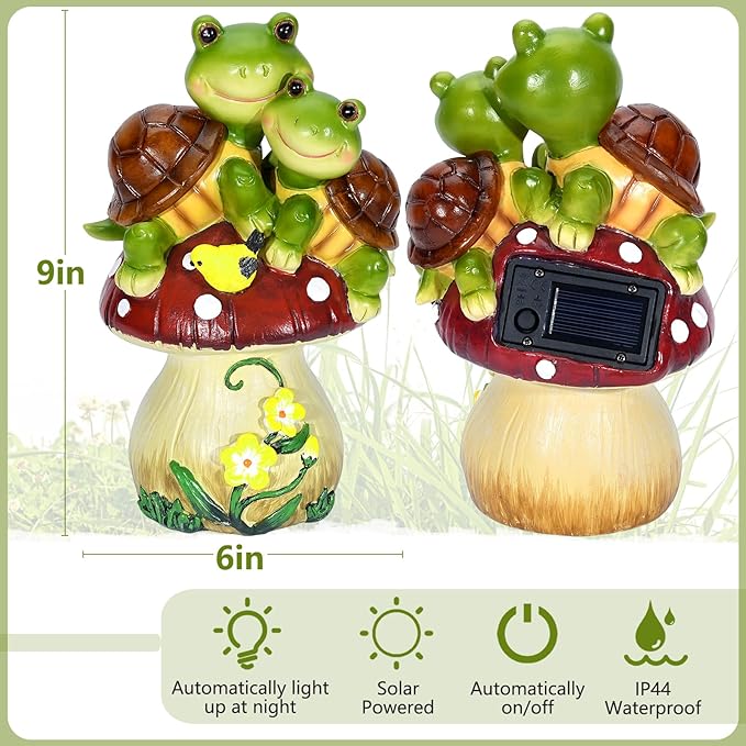 Solar Light Turtle Garden Statue, Turtle on Mushroom Figurine Lovely Tortoise Garden Statue with 5 LED Lights for Patio, Balcony, Yard, Housewarming, Gifts for Mom, Outdoor Lawn Decorations Mother Day