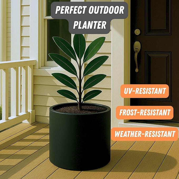 Fox & Fern Large 15 Inch Planter - Premium Lightweight Fiberstone Black Plant Pot with Drainage Plug; Ideal for Indoor and Outdoor Plants