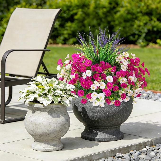 Artificial Flowers Fake Plants for Outdoors Decoration, 12 Bundles Silk Morning Glory with 2PCS Lavender Realistic UV Resistant Faux Spring Flowers for Outside Planter Yard Patio Garden Home Indoor