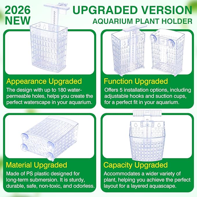 2026 Latest Upgraded Aquarium Plant Holder Adjustable Height with Extendable Hook and Suction Cup for Fish Tank Aquaponic Plant Cultivation and Aquascape Accessories Decorations (2 Pack) Transparent