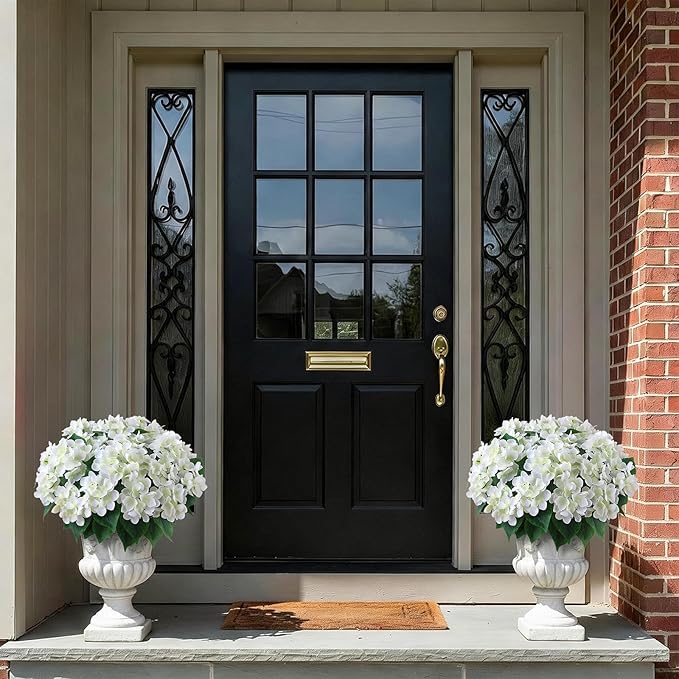 FOTEEWL 8 Bundles Artificial Hydrangea Flowers for Outdoor Decor, Realistic Faux Silk Bouquets Sun-Resistant Fake Plants for Front Door Balcony Farmhouse Garden Home Spring Summer Decor (White)
